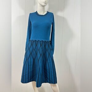 Etcetera Green/blue Crew Neck Long Sleeves Midi Sweater Dress A Line Size S